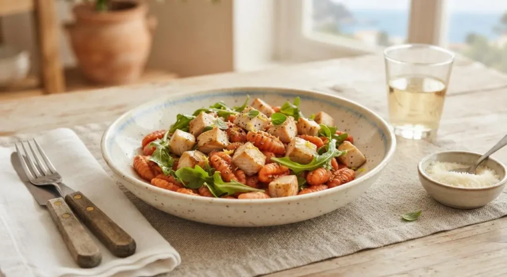 Piatto di gnocchetti rossi all'origano conditi con dadini di pesce spada e rucola fresca, pronto per essere servito in tavola.