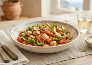 Piatto di gnocchetti rossi all'origano conditi con dadini di pesce spada e rucola fresca, pronto per essere servito in tavola.