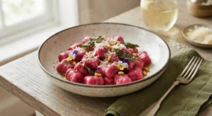 Piatto fumante di gnocchi di barbabietola fatti in casa conditi con burro, salvia e parmigiano