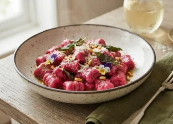 Piatto fumante di gnocchi di barbabietola fatti in casa conditi con burro, salvia e parmigiano