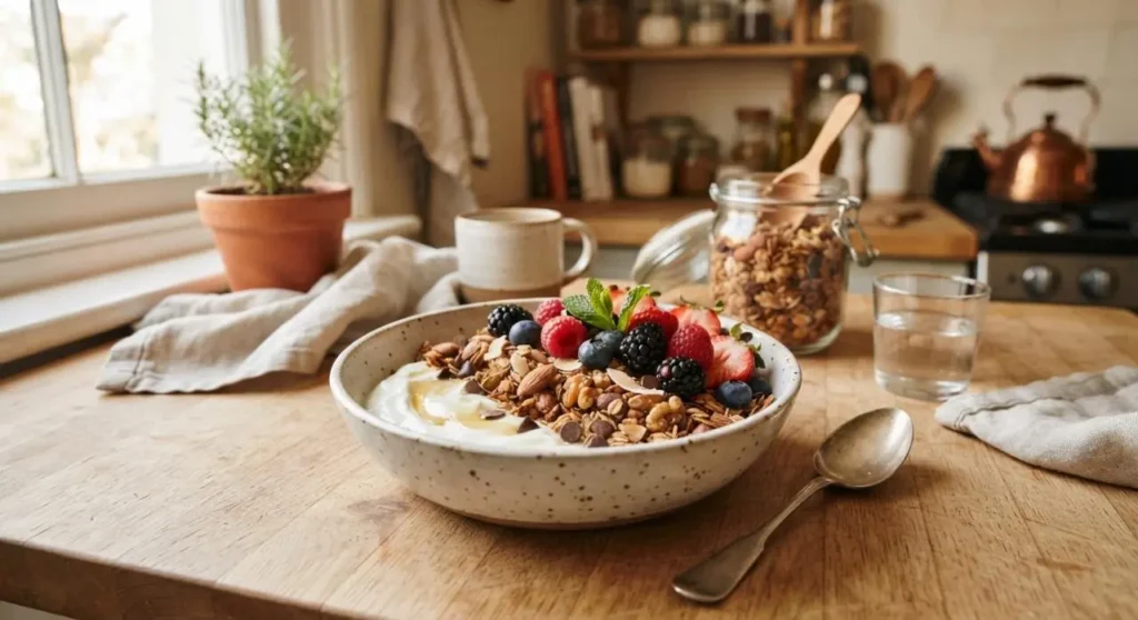 Bowl di ceramica con yogurt bianco, granola fatta in casa croccante, frutti di bosco freschi e gocce di cioccolato su un tavolo in legno