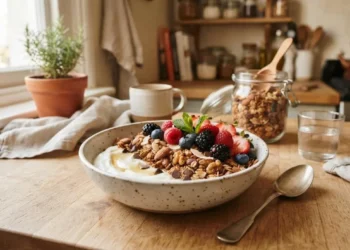 Bowl di ceramica con yogurt bianco, granola fatta in casa croccante, frutti di bosco freschi e gocce di cioccolato su un tavolo in legno