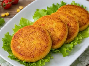 Hamburger di mais pronti da servire su piatto con lattuga Hamburger di mais croccanti serviti su un piatto bianco con foglie di lattuga fresca.