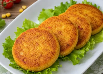 Hamburger di mais croccanti serviti su un piatto bianco con foglie di lattuga fresca.