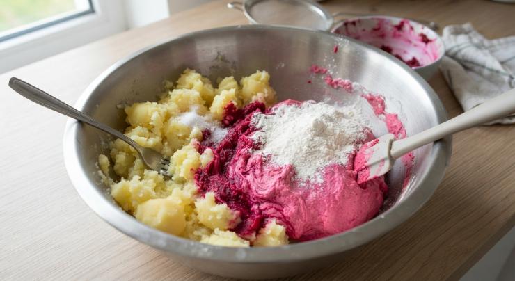 Schiacciate le patate con una forchetta per ottenere una purea morbida e senza grumi. Salate la purea di patate e rimescolate. Aggiungete la purea delle barbe rosse e rimescolate, ottenendo cosi un composto di color rosa acceso e molto omogeneo. Allora aggiungete la farina setacciata e fatela incorporare bene all’impasto.