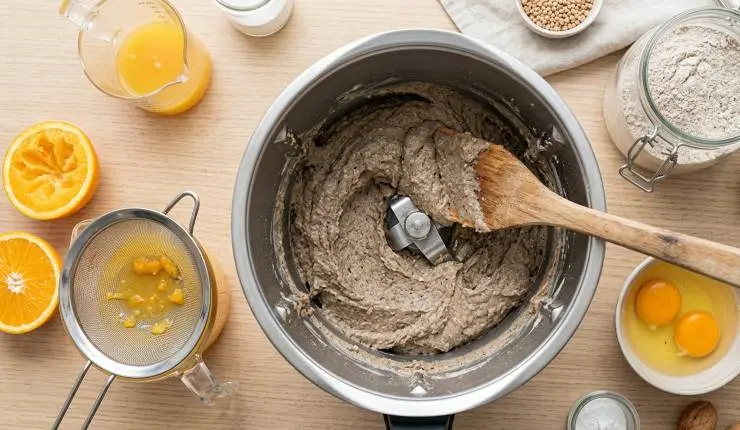 Aggiungete tutti gli altri ingredienti (tranne la marmellata) facendo attenzione a filtrare per bene il succo d’arancia. Mescolate per circa 40 secondi a velocià 5. Se necessario spatolate riportando l’impasto sul fondo e ripetete l’operazione. L’impasto della torta di grano saraceno risulterà abbastanza denso.