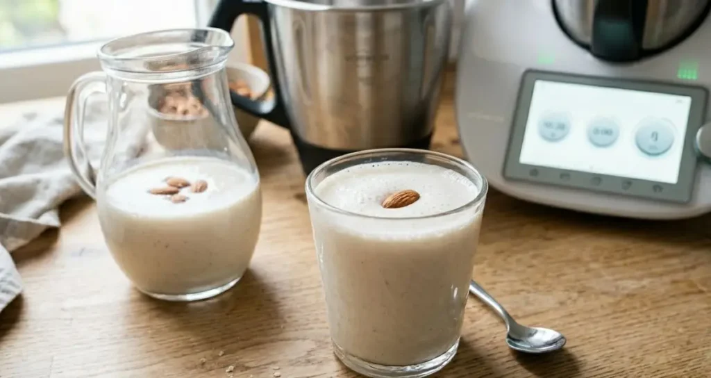 Un bicchiere e una caraffa di vetro riempiti con latte di mandorla fatto in casa, guarniti con mandorle intere, su un tavolo in legno accanto a un robot da cucina Bimby.