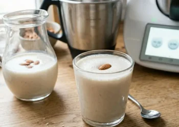 Un bicchiere e una caraffa di vetro riempiti con latte di mandorla fatto in casa, guarniti con mandorle intere, su un tavolo in legno accanto a un robot da cucina Bimby.