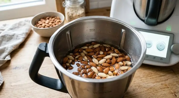 Per prima cosa, per reidratare le mandorle, mettetele nel boccale del bimby per almeno un’ora insieme a 250 grammi di acqua. Aggiungete poi lo zucchero e i semini interni di mezza bacca di vaniglia (prelevateli aiutandovi con un coltello).&nbsp;