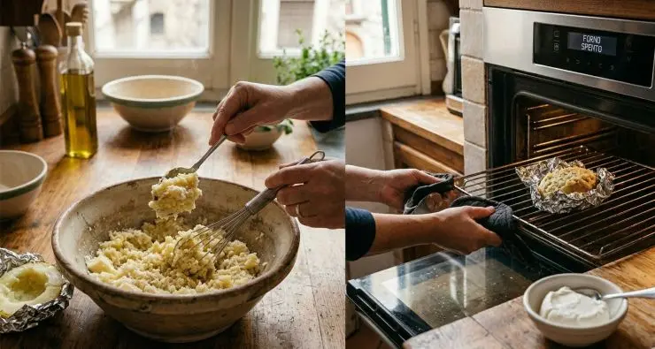 Lavorate bene il composto facendolo comunque rimanere grossolano e granuloso, quindi reinseritelo nelle patate scavate in precedenza e rimettetele in forno, quest’ultimo però spento in modo che mantengano un po’ di calore. In una ciotola versate la robiola fresca.