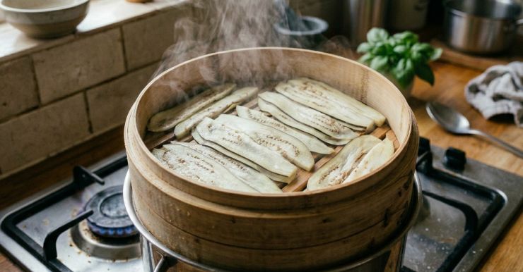 Lavate la melanzana e tagliatela a fette sottili con una mandolina. Versate un po’ di acqua in una pentola e cuocete le fette di melanzana al vapore per circa 5 minuti. Stendete le fette con delicatezza sulla teglia ed asciugatele con un tovagliolo.
