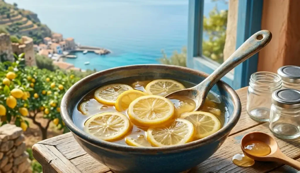 Marmellata di limoni siciliani in una ciotola di ceramica su un tavolo di legno all'aperto, con vista sul mare Mediterraneo e alberi di limoni carichi di frutti.