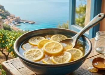 Marmellata di limoni siciliani in una ciotola di ceramica su un tavolo di legno all'aperto, con vista sul mare Mediterraneo e alberi di limoni carichi di frutti.