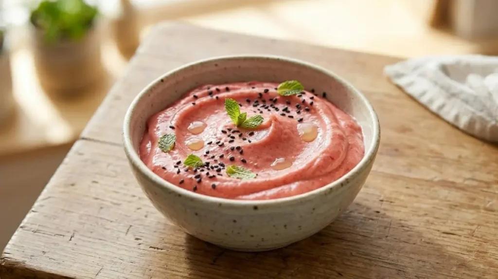 Mousse di fragole e avocado al lime servita in una ciotola con gocce fresche di lime e semi di sesamo nero
