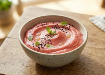 Mousse di fragole e avocado al lime servita in una ciotola con gocce fresche di lime e semi di sesamo nero