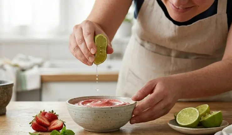 Aggiungete il succo di lime e, se la crema dovesse risultare troppo liquida, aggiungete qualche pizzico di amido di mais. Frullate per almeno 3-5 minuti fino ad ottenere una crema soda e compatta. Trasferite la crema in una sacca à poche e riempite delle coppette.
