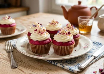 Muffin alle barbabietole soffici decorati con frosting alla vaniglia disposti su un piatto in un tavolo di legno