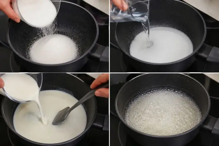 Versate lo zucchero nella pentola antiaderente e versate sopra 110 millilitri di acqua. Aggiungete la panna e rimescolate. Portate ad ebollizione.