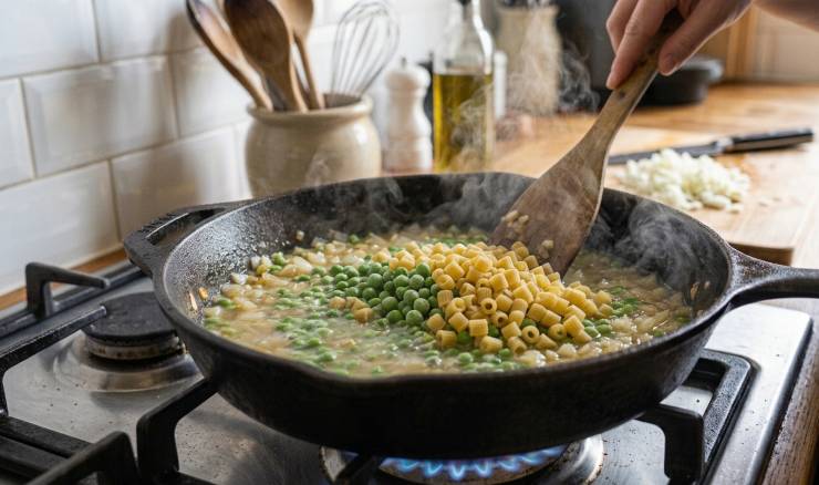 Una volta versata la pasta aggiungete anche i gambi di prezzemolo lavati e proseguite la cottura aggiustando di sale. Non appena la pasta sarà cotta, toglietela dal fuoco e servitela ben calda.