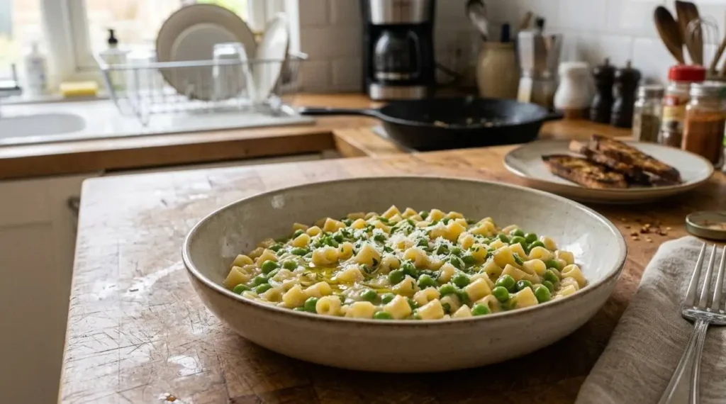 Pasta e piselli fatta in casa pronta da servire Un piatto fondo di pasta e piselli cremosi con parmigiano grattugiato, servito su un tavolo di legno rustico in una cucina accogliente.