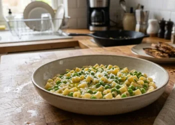 Un piatto fondo di pasta e piselli cremosi con parmigiano grattugiato, servito su un tavolo di legno rustico in una cucina accogliente.