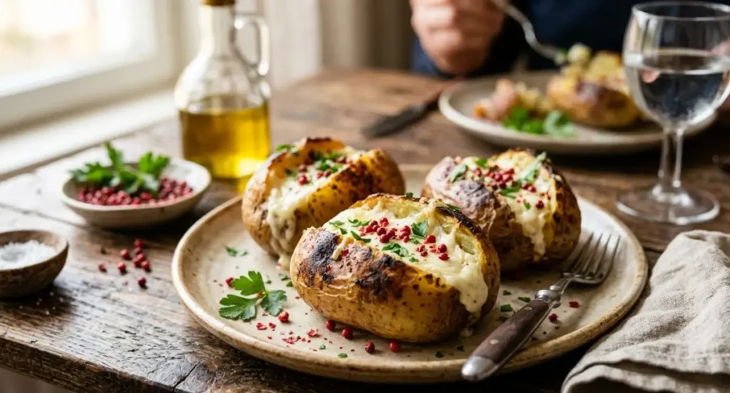 Tre patate al forno ripiene di crema alla robiola fusa e grani di pepe rosa, servite su un piatto rustico in ceramica su un tavolo di legno.