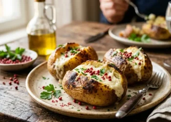 Tre patate al forno ripiene di crema alla robiola fusa e grani di pepe rosa, servite su un piatto rustico in ceramica su un tavolo di legno.