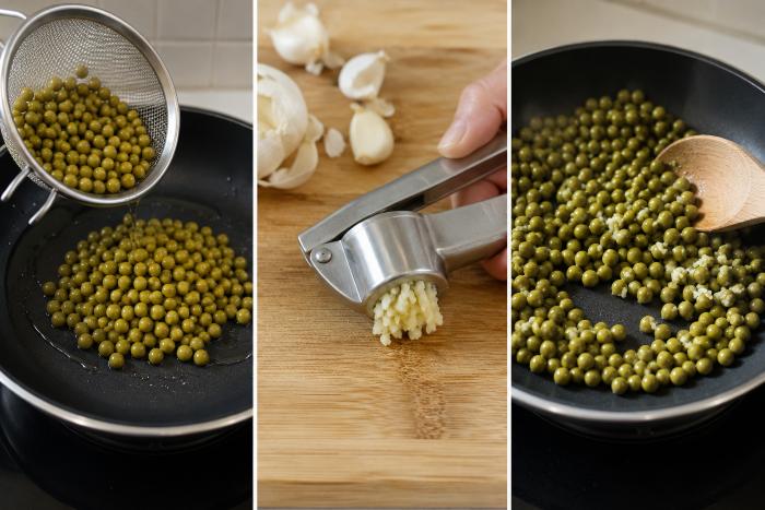 Scolate i piselli e metteteli in una padella con poco olio. Sbucciate l‘aglio e schiacciatelo. Aggiungete ai piselli, mescolate e saltate due minuti sulla fiamma bassa. Unite la garaam masala, il pane nero strizzato bene, il sale e il pepe, quindi rimescolate bene tutto.