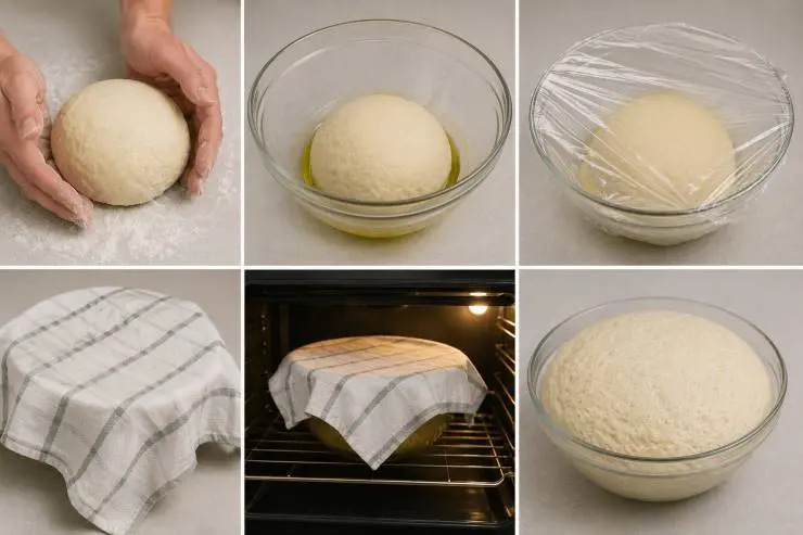 Se l’impasto dovesse risultare troppo asciutto aggiungete un po’ di acqua e impastate qualche minuto a mano. Aiutandovi con un po’ di farina, formate una palla con l’impasto e mettetelo in una ciotola leggermente unta di olio d’oliva. Coprite con un foglio di pellicola o un panno la ciotola, che lascerete in un luogo al lontano dal freddo e da correnti di aria (io la lascio chiusa nel forno spento). Lasciate lievitare per almeno 3 ore, o comunque fino al raddoppio dell’impasto.