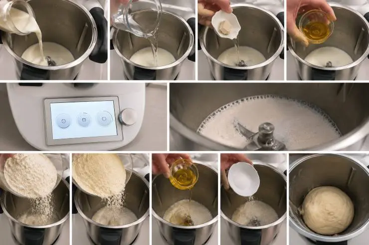 Per realizzare la pizza con bimby per prima cosa mettete nel boccale il latte, l’acqua, il lievito di birra e il malto. Mescolate a 37 gradi per 40 secondi a velocità 2. Aggiungete ora la farina 0 e la farina di grano duro, l’olio extravergine d’oliva, il sale ed impastate a modalità spiga per 2 minuti.