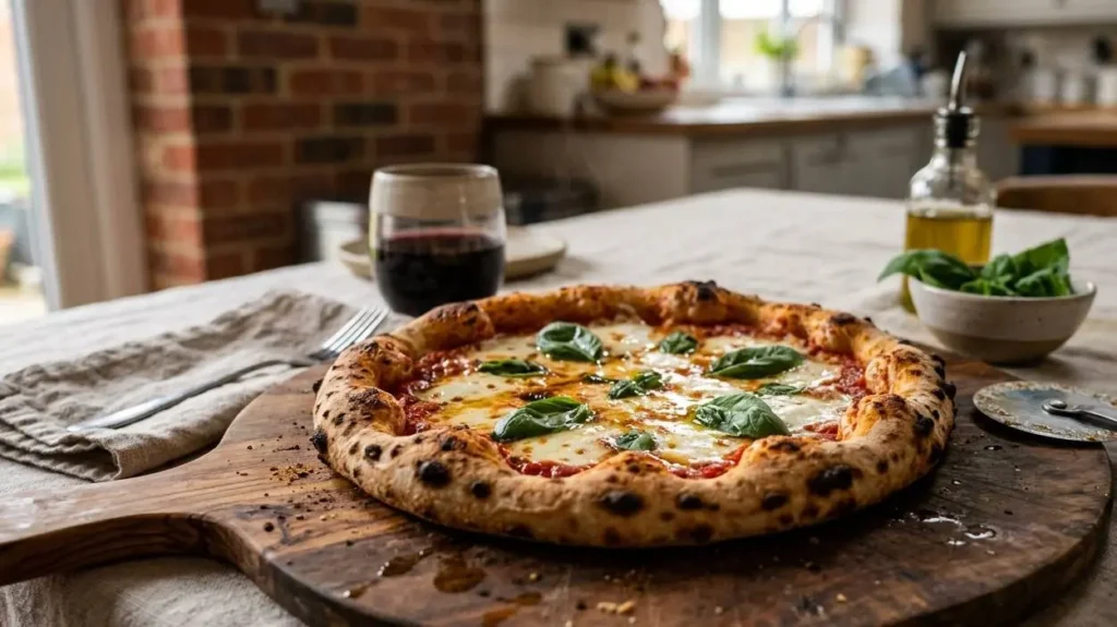 pizza-margherita-fatta-in-casa-bimby Pizza margherita fatta in casa con cornicione alto e basilico fresco su tagliere di legno