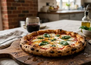 Pizza margherita fatta in casa con cornicione alto e basilico fresco su tagliere di legno