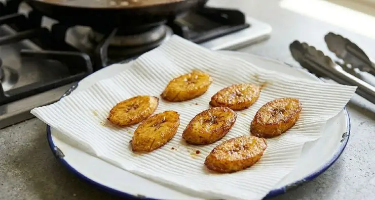 Quando le fette sono fritte da un lato, toglietele dalla pentola e schiacciatele leggermente, usando uno mestolo oppure un batticarne. Rimettetele nella pentola e friggetele dall’altro lato. Disponete il platano sulla carta assorbente per eliminare l’eccesso di olio e salate.