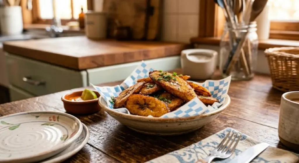 Platano fritto fatto in casa pronto da servire Un piatto di platano fritto dorato e croccante servito su una tavola in legno in una cucina di casa accogliente.