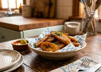 Un piatto di platano fritto dorato e croccante servito su una tavola in legno in una cucina di casa accogliente.