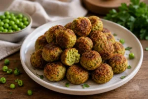 Piatto di polpettine di piselli dorate e croccanti, pronte da servire, decorate con prezzemolo fresco su tavolo rustico.