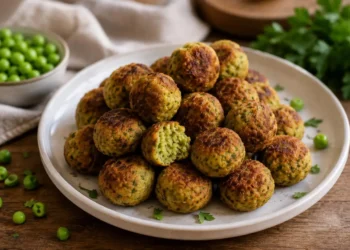 Piatto di polpettine di piselli dorate e croccanti, pronte da servire, decorate con prezzemolo fresco su tavolo rustico.