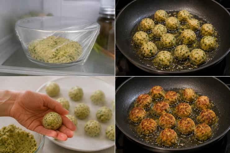Lasciate l’impasto riposare in frigorifero per 15 minuti e poi formate con le mani delle palline della grandezza di una noce. Riscaldate l’olio nella padella e friggete le polpettine circa 3 minuti da ogni lato sulla fiamma media. Dopo mettetele sulla carta assorbente per eliminare l’eccesso di olio.
