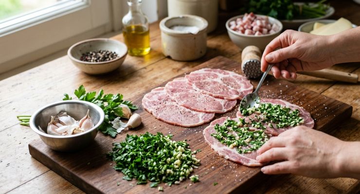 Pulite bene l’aglio dalle foglie esterne e sciacquate il prezzemolo sotto acqua corrente, quindi realizzate un trito fine di questi due ingredienti. Su di un tagliere stendete le fettine di capocollo di suino e battetele leggermente, quindi aromatizzatele con il trito di prezzemolo e aglio preparato in precedenza. Continuate con una generosa macinata di pepe fresco.