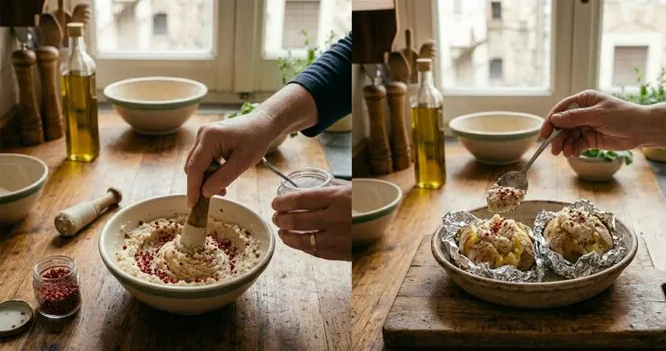 Unite alla robiola il pepe rosa macinato grossolanamente e lavoratele insieme, se serve aggiustando di sale, e posizionate questo composto a cucchiai sulle due metà della patata che servirete all’interno del suo cartoccio.