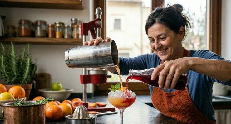 Rompete i cubetti di ghiaccio, appoggiandoli sulla mano e versateli nel bicchiere. Versate sul ghiaccio la miscela contenuta nello shaker, dopodiché versate direttamente in mezzo il succo di cranberry, senza mescolare. Guarnite il bicchiere con la fetta di arancia e servite con una cannuccia.