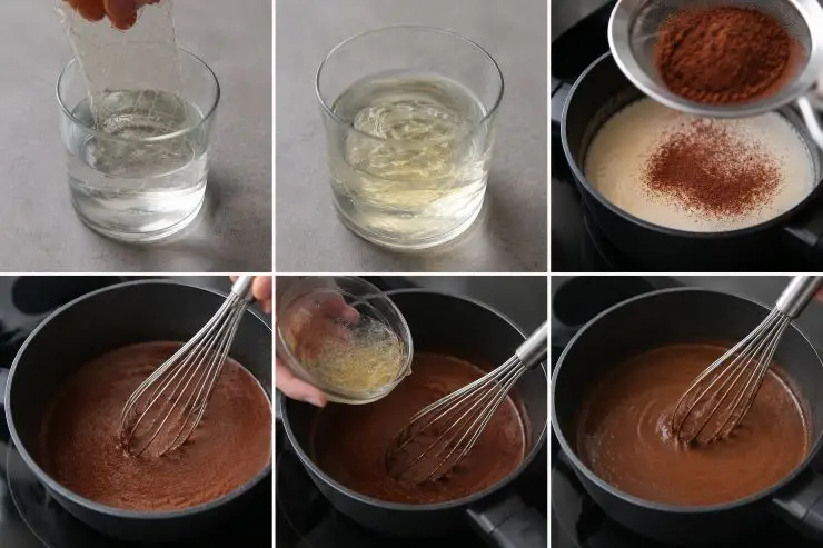 Versate l‘acqua restante in un bicchiere ed aggiungete la colla di pesce. Lasciatela in ammollo per circa 10 minuti. Togliete la pentola dal fuoco, aggiungete poco alla volta il cacao setacciato e mescolate continuamente per scioglierlo. Alla fine unite la gelatina e mescolate fin quando non sarà sciolta.