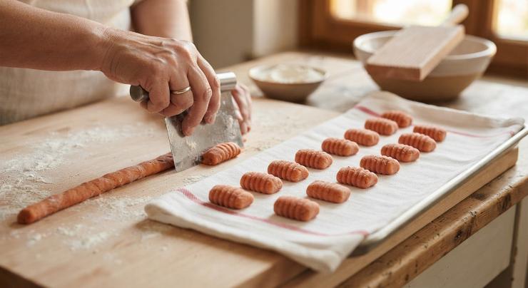 Formate delle striscioline d’impasto e ricavate degli gnocchetti di circa 3-4 centimetri. Sistemateli su una teglia foderata con un canovaccio pulito e teneteli da parte.