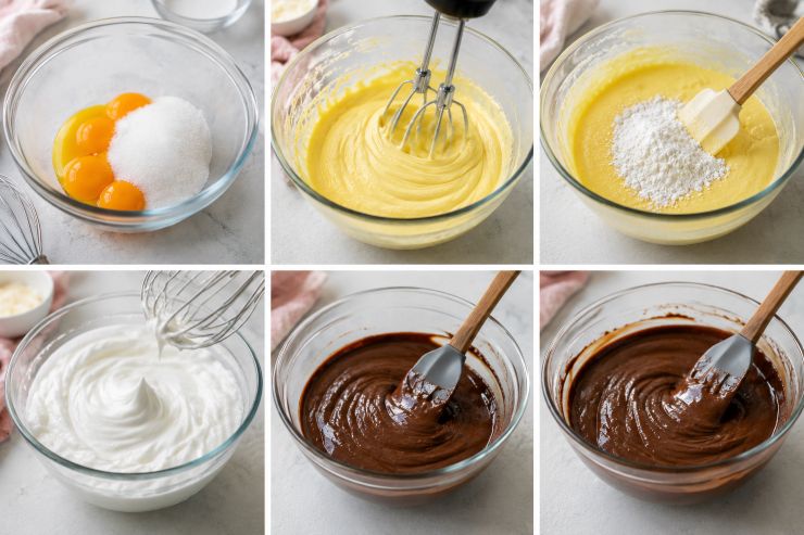 In una ciotola mettete i tuorli e lo zucchero. Mixate per ottenere una consistenza cremosa. Aggiungete la maizena e rimescolate con la spatola. In un’altra ciotola mettete gli albumi e montateli a neve con un pizzico di sale. Sciogliete il cioccolato da parte, fate raffreddare e aggiungetelo alle uova. Mescolate fin quando il cioccolato non sarà completamente incorporato.