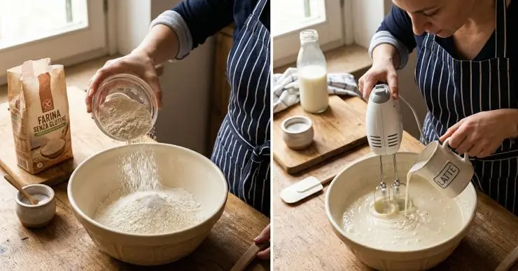 Versate la farina a pioggia in una ciotola capiente. Aggiungete un pizzico di sale. Versate il latte poco alla volta e mescolate tutto con le fruste elettriche, fino ad ottenere un composto omogeneo e liscio.
