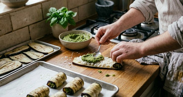 Schiacciate i cavoletti con una forchetta e rimescolate tutto. Disponete i cavoletti di Bruxelles sul riso. Avvolgete le fette con delicatezza. Tagliate ogni rotolo ottenuto in due parti, quindi disponete su un piatto e cospargete con il sesamo.