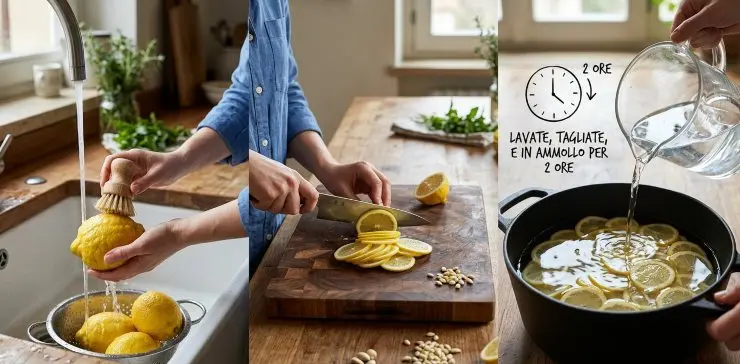Lavate bene i limoni sotto l’acqua corrente con una spugna oppure con una spazzola, quindi asciugateli, tagliateli a fette sottili ed eliminate tutti i semi. Mettete le fette in una padella oppure in una ciotola e coprite con l’acqua fredda. Lasciate così per circa due ore.