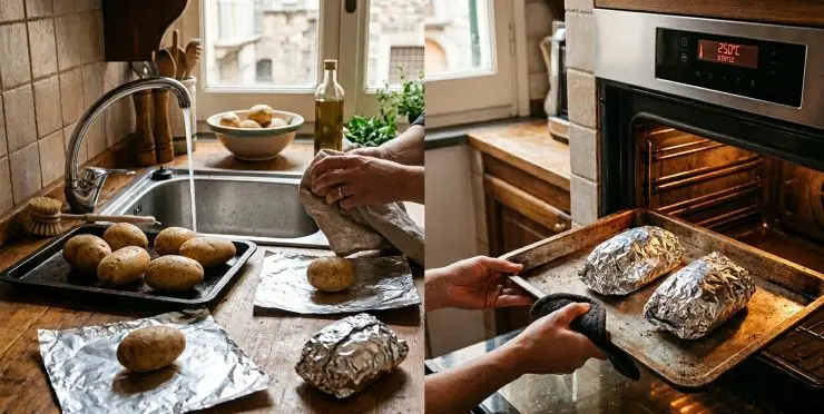 Lavate bene le patate facendo attenzione a pulire bene la buccia da tutte le impurità, quindi asciugatele e posizionatele su dei quadrati di carta stagnola. Formate dei cartocci e sistemate le patate in una teglia da forno, quindi infornate in forno caldo statico alla temperatura di 250 gradi per almeno un’ora. Una volta pronte liberate le patate dai cartocci di stagnola.