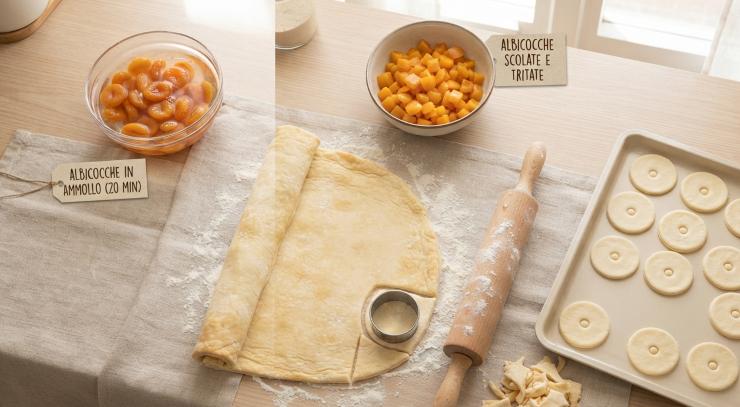 Iniziate mettendo a bagno in acqua le albicocche disidratate per una ventina di minuti Srotolate la pasta sfoglia e assottigliatela leggermente con un mattarello. Con un coppapasta tondo ricavate 16 dischi di uguali dimensioni.