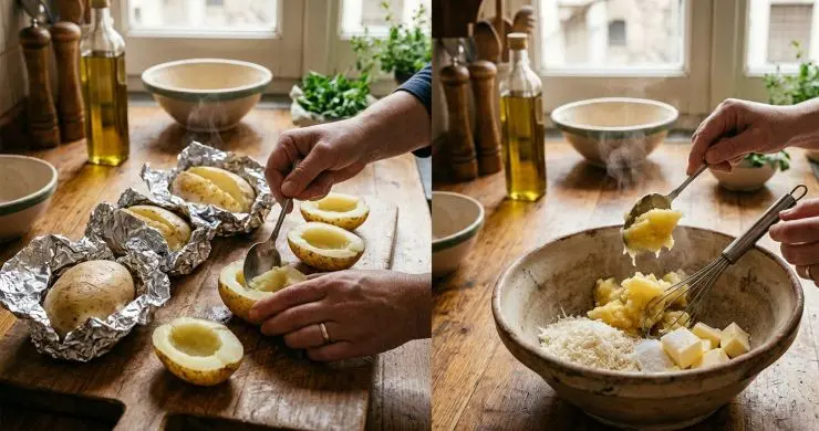 Dividete le patate a metà e svuotatele del cuore, lasciando un bordo di almeno 3 millimetri di spessore. Versate la polpa calda delle patate in una ciotola insieme al burro a pezzetti, al parmigiano grattugiato e ad un pizzico di sale.